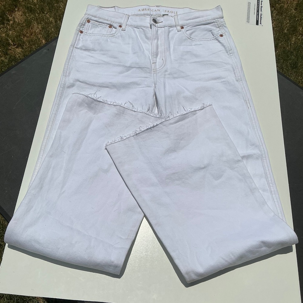 American Eagle White Wide Leg Raw Hem Jeans Womens 4 X-Long High Rise Stretch